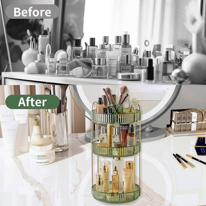 Asayuee 360 Rotating Makeup Organizer - Large 3-Tier Storage for Skincare & Cosmetics | Green