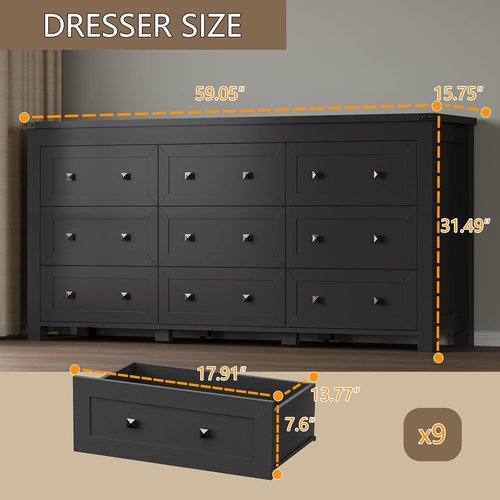 BORN OON 9-Drawer Dresser - Modern Wooden Storage Chest with Metal Handles for Bedroom & Living Room