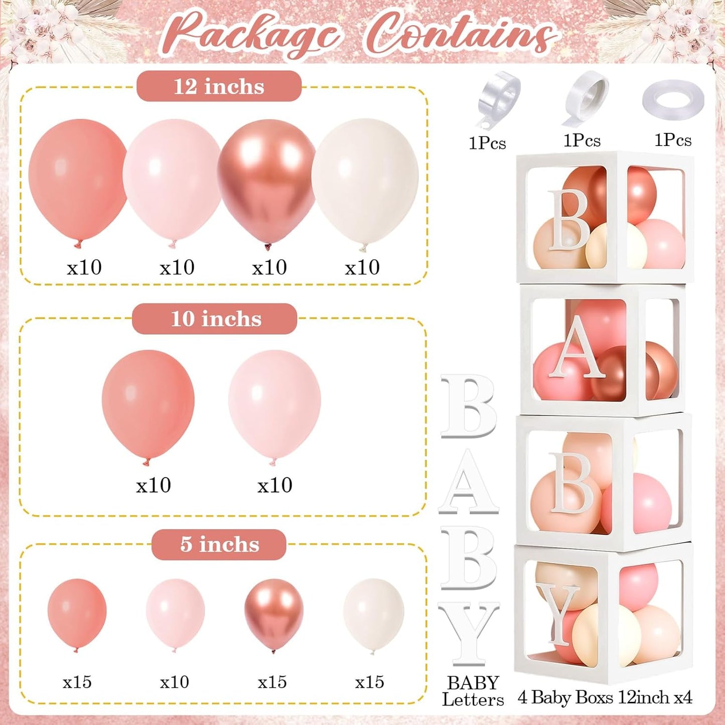 Winrayk Rose Gold Balloons | Floral Baby Shower Decorations Kit for Girls - Pink Balloon Arch & Letter Boxes