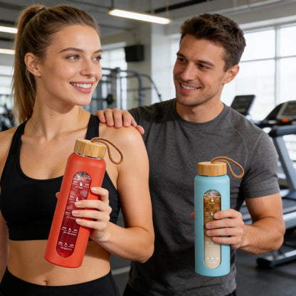 Sursip 32 Oz Glass Water Bottle - BPA-Free, Motivational Time Marker, Leak-Proof Design with Bamboo Lid