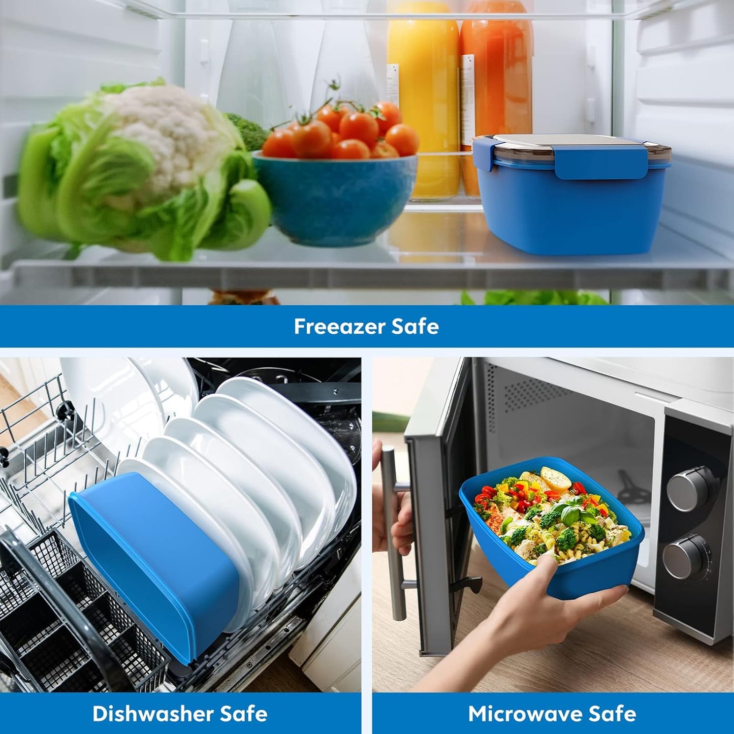 Cherrysea Salad Lunch Container Set - 68oz Leak-Proof Bowls with 4 Compartments & Fork - Blue
