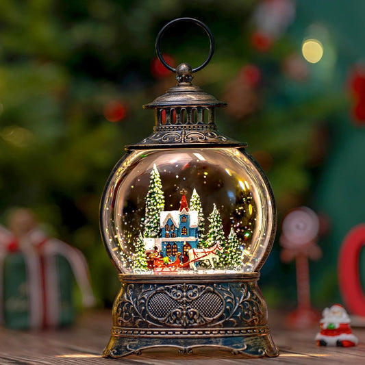 Regine Switzerland Christmas Snow Globe - Musical Water Lantern with Carriage & Timer | USB/Battery Operated