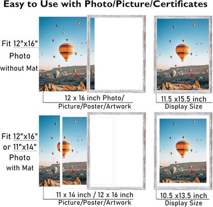 JCJMY Rustic White Picture Frame - 12x16 with 11x14 Mat for Wall Display | Durable Plexiglass