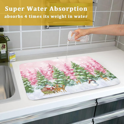 Winter Forest 24x18 Inch Dish Drying Mat - Christmas Kitchen Counter Protector