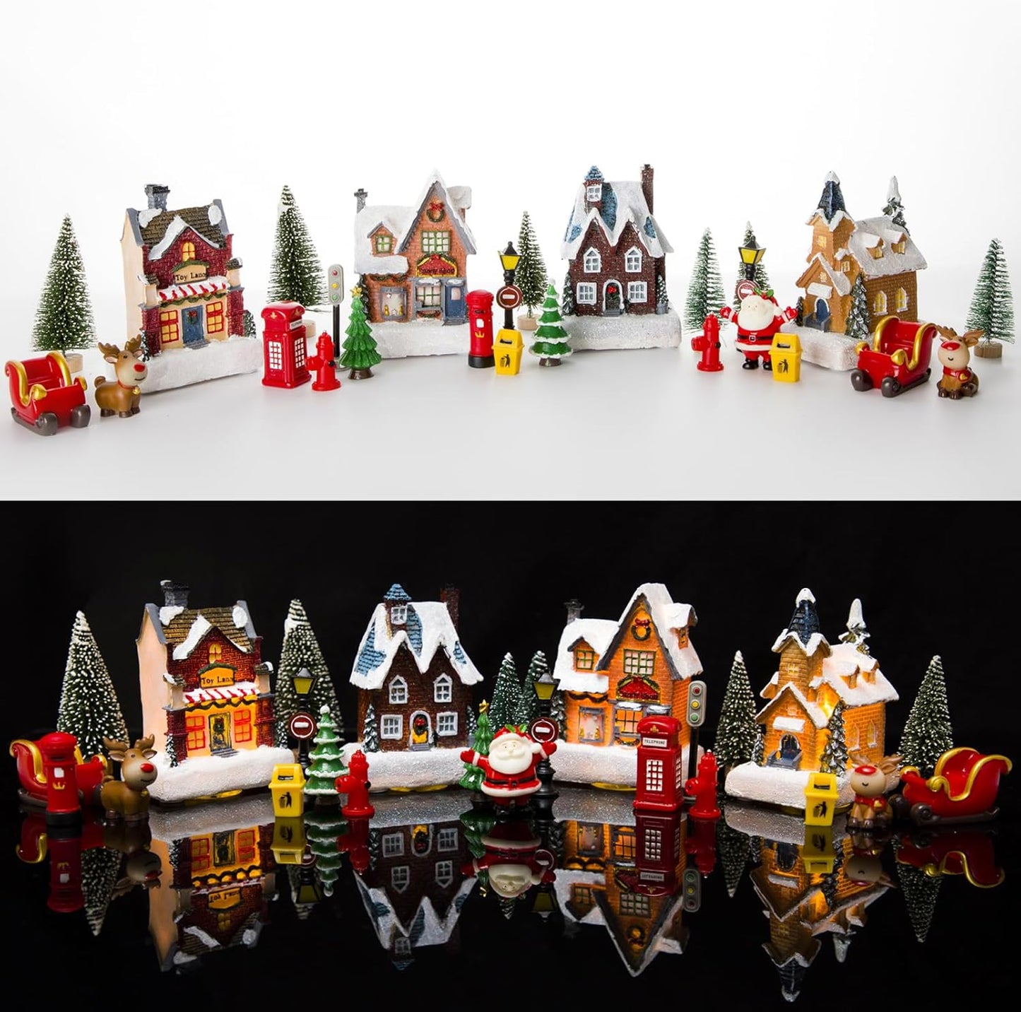 Skiennix Christmas Village Set - LED Light-Up Resin Houses for Festive Indoor Decor | Holiday Scene Collection