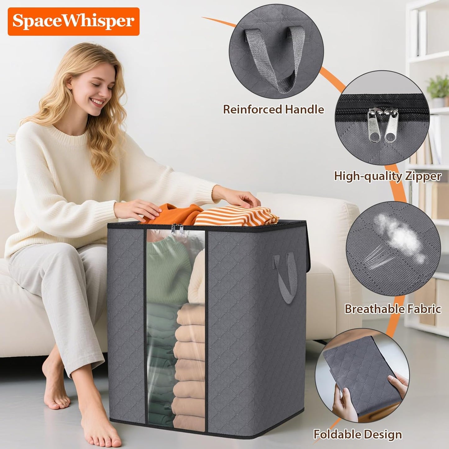 SpaceWhisper 100L Clothes Storage Bags - Foldable Thick Fabric Organizers for Bedroom & Closet | Grey, 3-Pack