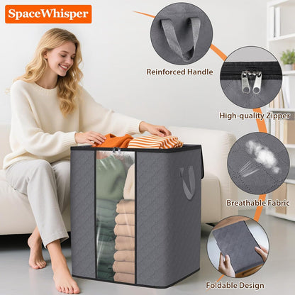 SpaceWhisper 100L Clothes Storage Bags - Foldable Thick Fabric Organizers for Bedroom & Closet | Grey, 3-Pack