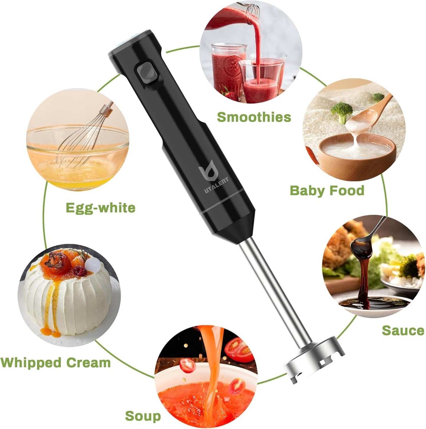 UTALENT Cordless Hand Blender - Variable Speed Immersion Blender with 500ml Chopper & Whisk | Black