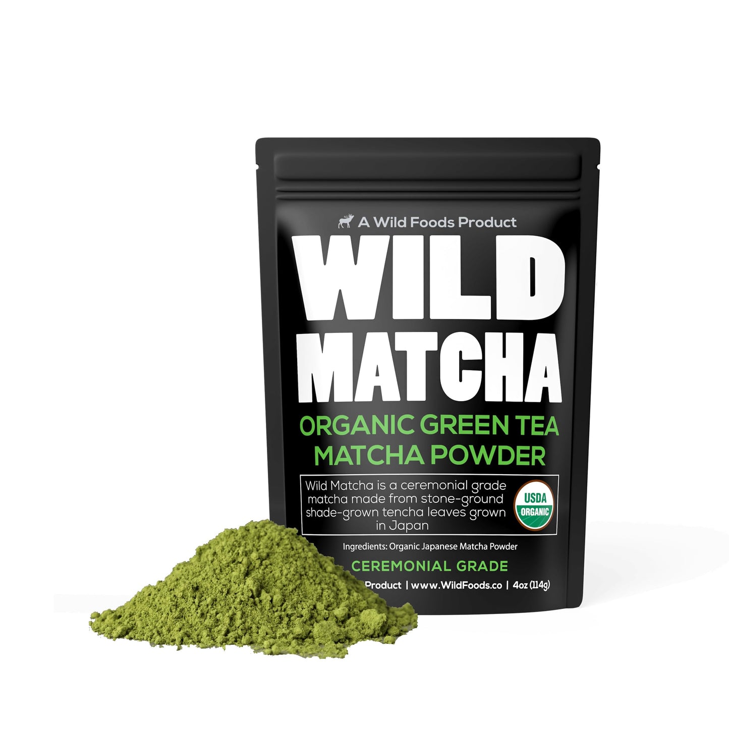 Wild Foods Organic Japanese Ceremonial Grade Matcha Powder - Stone Ground from 2nd Harvest, Shade Grown, and in a Small Batch (4 oz)