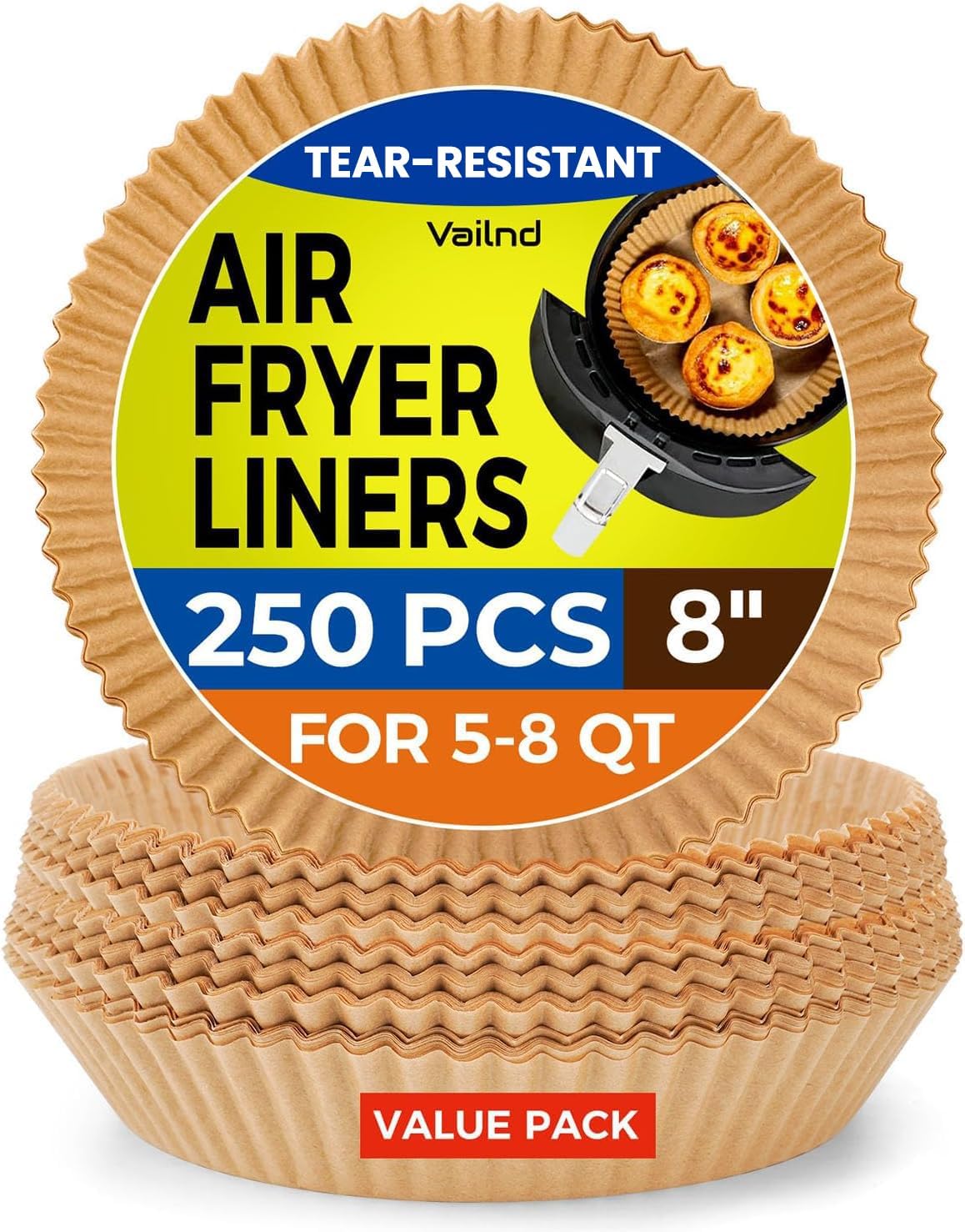 Unbleached Parchment Paper Liners - 250 Pcs 8" Round Disposable Air Fryer Liners | Non-Stick & Leakproof