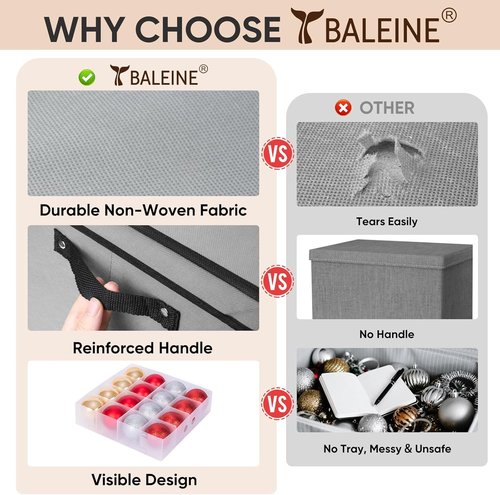 BALEINE Christmas Ornament Storage Box - Premium Holiday Container with Dividers for 64 Balls | Grey