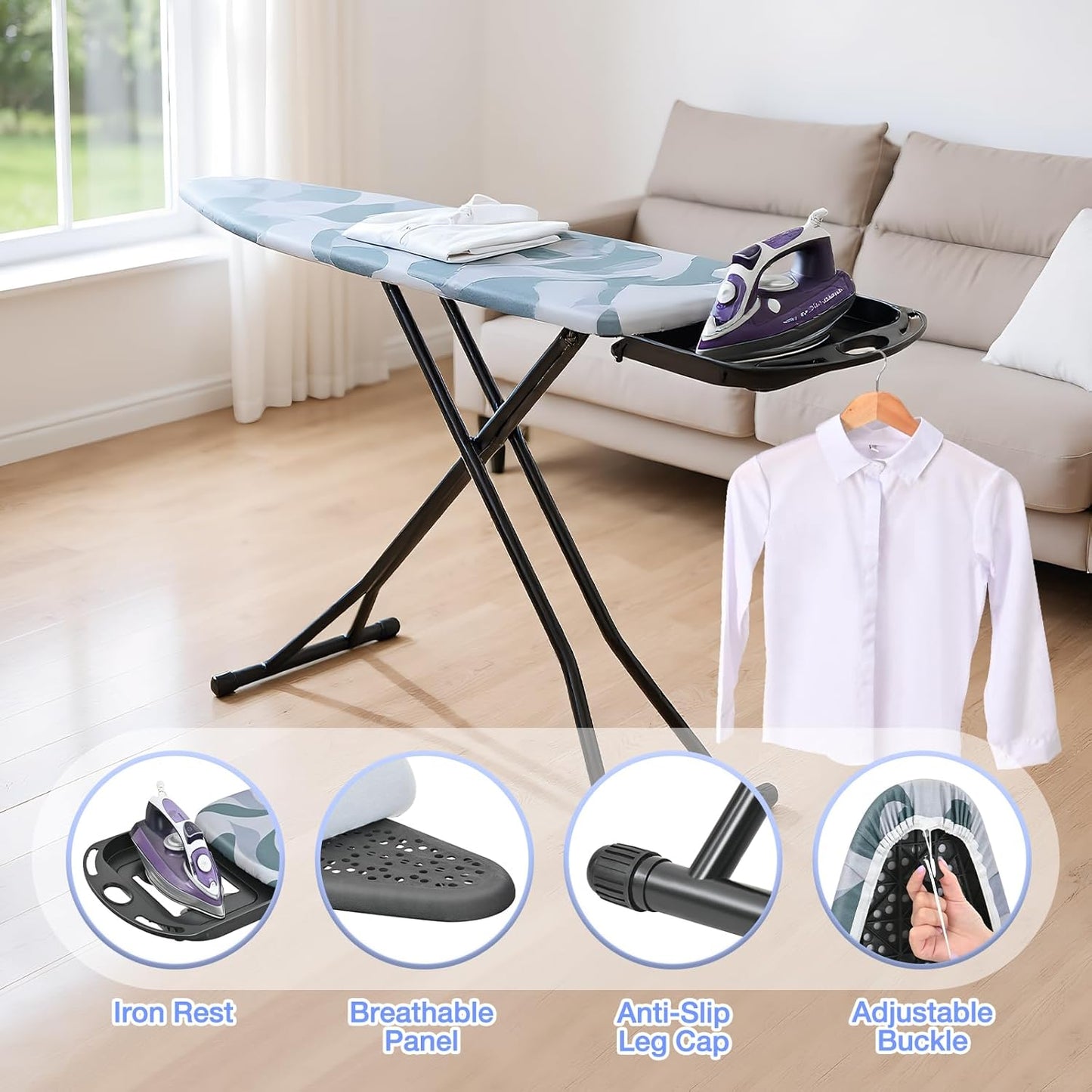 APEXCHASER Foldable Ironing Board - Full Size with Heat Resistant Cover & 7-Lever Height Adjustment | 14x54, Blue