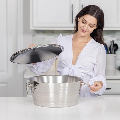 BREKX Insulated Stainless Steel Large Ice Bucket with Lid for Parties, Anchored Metal Ice & Beverage, Champagne Bucket for Extended Chill - 12-Quarts