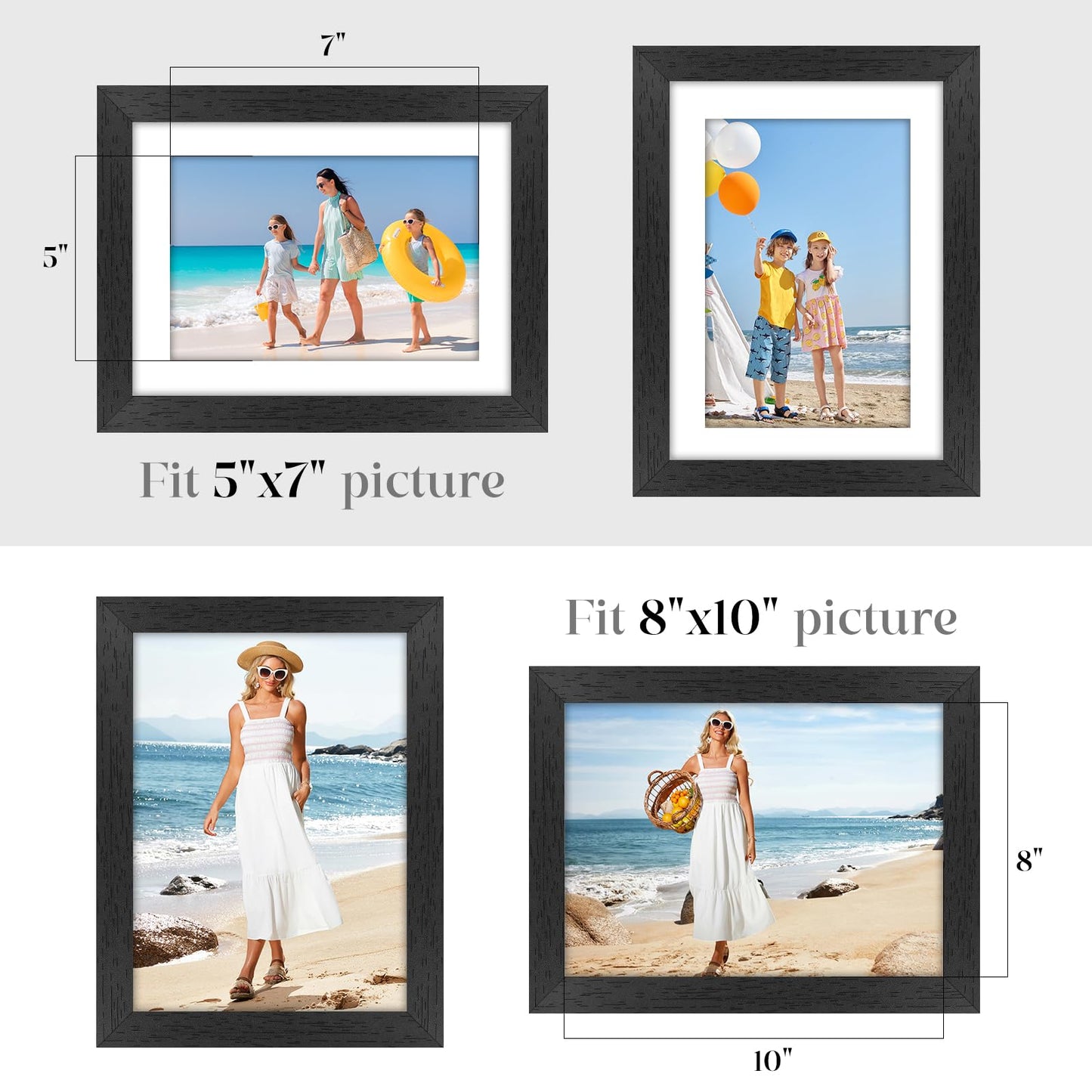 Veelot 8x10 Picture Frame Set of 6 with Shatter-Resistant HD Plexiglass - Use as 5x7 Frame with Mat or Display 8x10 Photo Without Mat - Thin Border Picture Frames for Tabletop Display Black