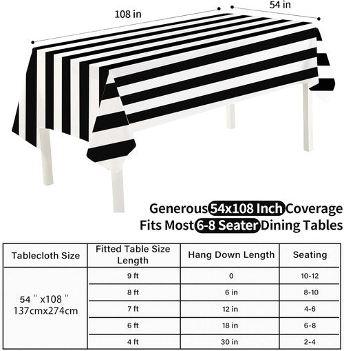 Gingham Tablecloths by [Brand Name] - 3 Pack Waterproof Plastic Covers | 54 x 108 Inch, Black & White Stripe for Parties & Picnics