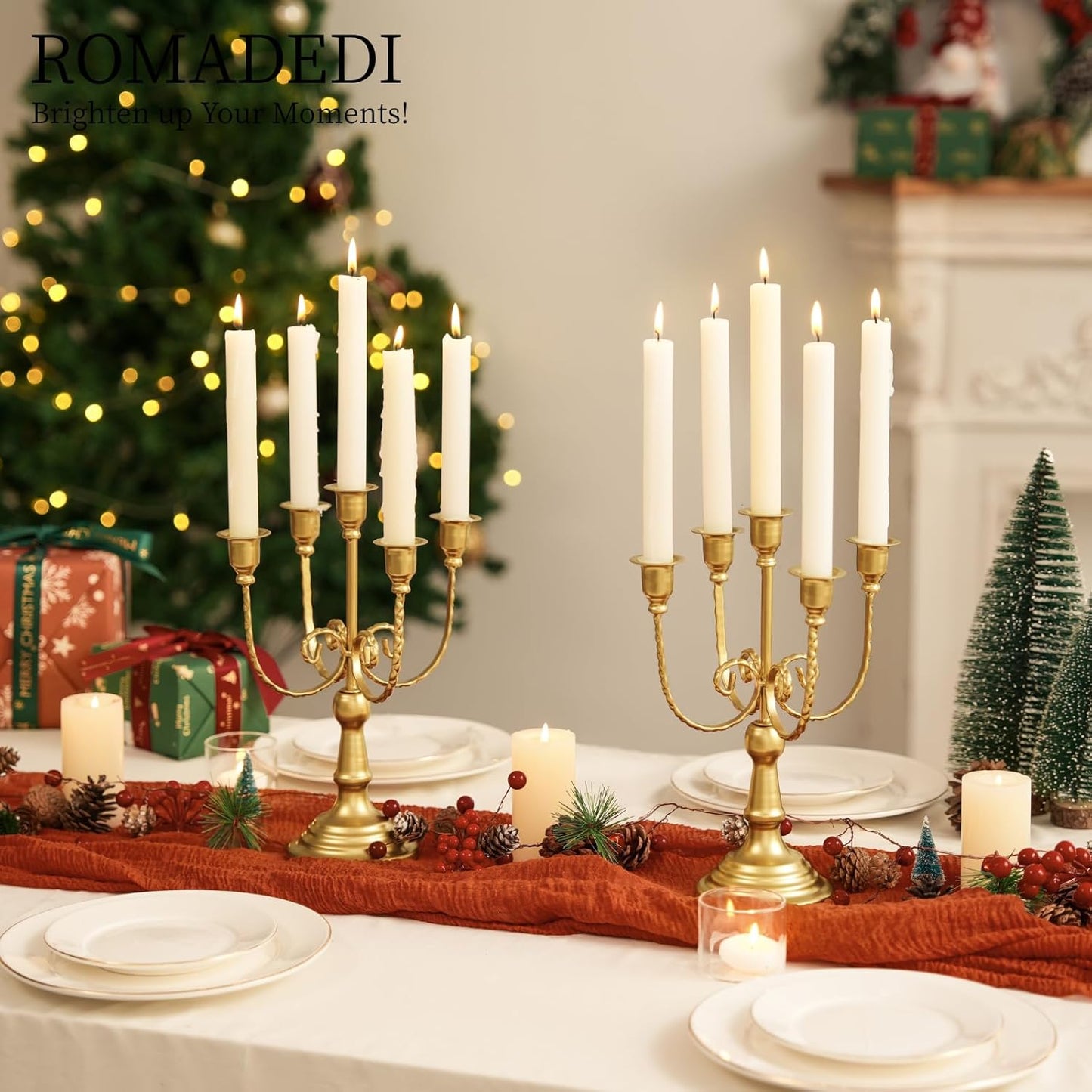Romadedi Gold Candle Holders - 5 Arm 11.8" Candelabra Set for Wedding & Holiday Table Decor | Set of 6