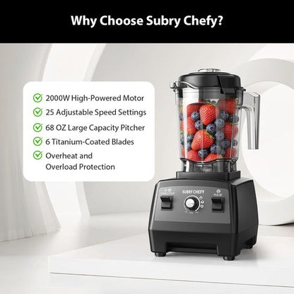 Countertop Blender Pro - 2000W High-Speed Blender with 25-Speed Settings | 68oz Heavy-Duty Black Kitchen Blender for Smoothies & Ice Crushing