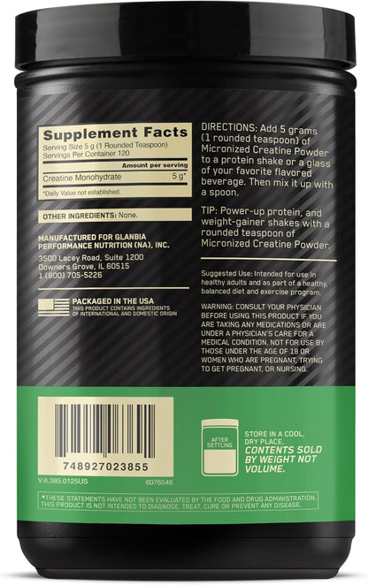Optimum Nutrition Micronized Creatine Monohydrate Powder - Unflavored, 120 Servings, 600 Grams