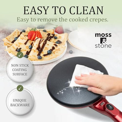 Moss & Stone Electric Crepe Maker - 8 Inch Nonstick Portable Hot Plate with Dual Temperature Control