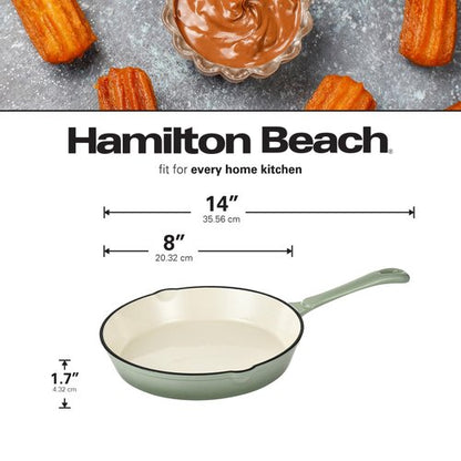 Hamilton Beach Enameled Cast Iron Fry Pan 8-Inch Sage, Cream Enamel Coating, Skillet Pan For Stove top and Oven, Even Heat Distribution, Durable