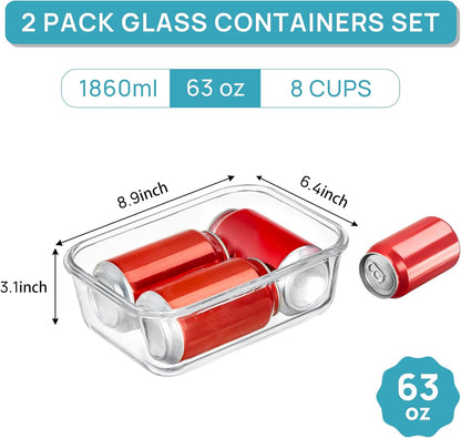 Vtopmart Large Glass Storage Containers - 2 Pack 1860ml | Airtight Meal Prep Set with Snap Lids, Grey