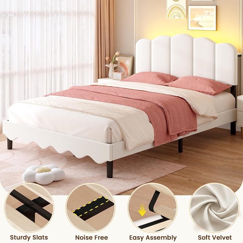 Full Size Storage Headboard Bed Frame with LED Lights, Beige - Variation: Beige+Full