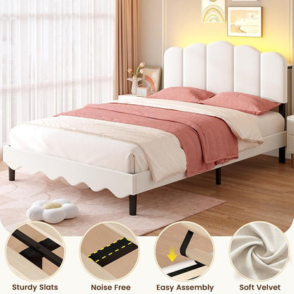 Full Size Storage Headboard Bed Frame with LED Lights, Beige - Variation: Beige+Full