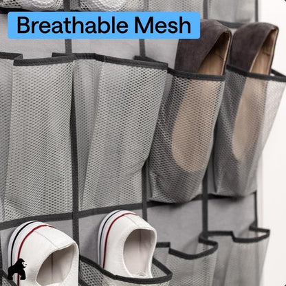 GORILLA GRIP Over The Door Shoe Organizer - 2 Pack With 24 Breathable Mesh Pockets | Space-Saving Grey Storage Solution