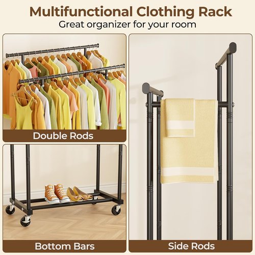 HYSEYY Rolling Clothes Rack - Sturdy Double Rod Portable Wardrobe for Bedroom & Laundry | Black