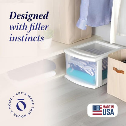 HOMZ 2-Pack Clear Plastic Storage Cart - 1-Drawer Organizers for Home, Office & Classroom | 14.25" Wide, White Frame