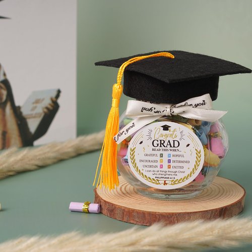 Graduation Bible Verses Jar with Grad Hat, High School, College Graduation Gifts, Class of 2026 Decorations, 2026 Graduation Gifts from Mom, Dad