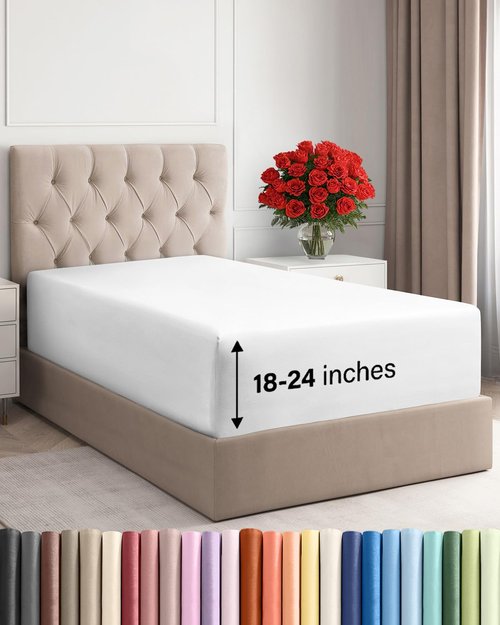 Extra Deep Twin Fitted Sheet - Hotel Luxury Single Fitted Sheet Only - Easily Fits 18 inch to 24 inch Mattress - Ultra Soft, Wrinkle Free w/Extra Deep Pockets - Easy-Care, Breathable & Comfy - White