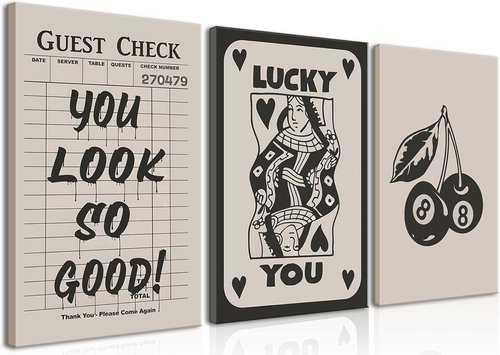 Fashion Poker Framed Canvas Wall Art Set of 3 - Vintage Queen & Lucky You Poster Prints | Aesthetic Black Art for Bedroom & Living Room - 12x16''