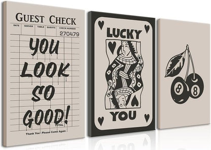 Fashion Poker Framed Canvas Wall Art Set of 3 - Vintage Queen & Lucky You Poster Prints | Aesthetic Black Art for Bedroom & Living Room - 12x16''
