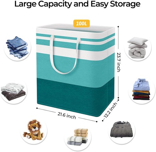 HomeHacks Large Waterproof Laundry Basket - Collapsible Tall Hamper with Extended Handles | 100L Green