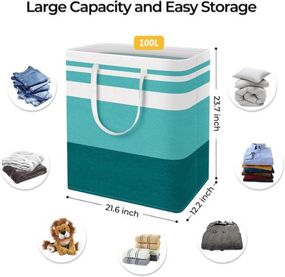 HomeHacks Large Waterproof Laundry Basket - Collapsible Tall Hamper with Extended Handles | 100L Green