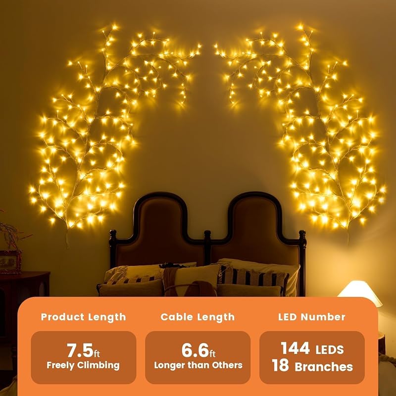 2Pcs Enchanted Willow Vine Lights - 144 LEDs, 18-Branch Wall Decor, White - Variation: White-2pcs