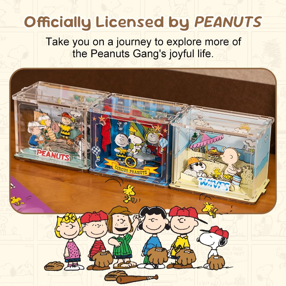 PUREMIND Snoopy Baseball Miniature Wooden Puzzle Kit - Officially Licensed 3D Display with Movable Characters