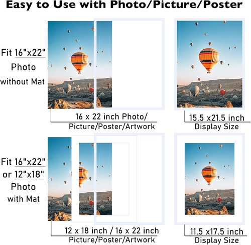 JCJMY 16x22 Picture Frame - Display 12x18 Photos with Mat or 16x22 Without - White Wall Hanging