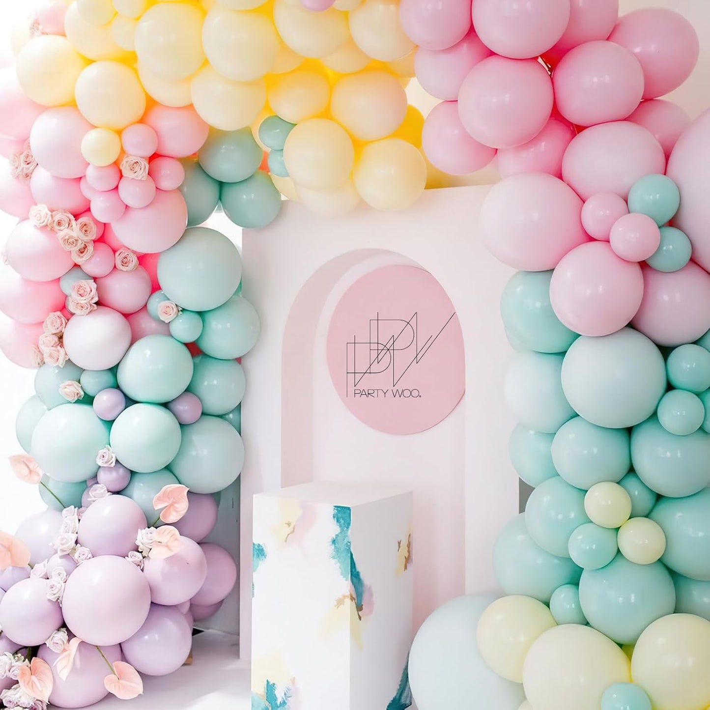 PartyWoo Pastel Balloon Arch Kit - 152-Piece Garland with 18", 12", 10", 5" Balloons in Baby Pink, Blue, Green, Purple, Yellow, Orange for Celebrations