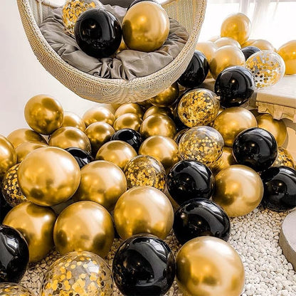 Bezente Black Gold Confetti Balloons - 12-Inch Helium Balloons for Weddings & Parties | 60 Pack