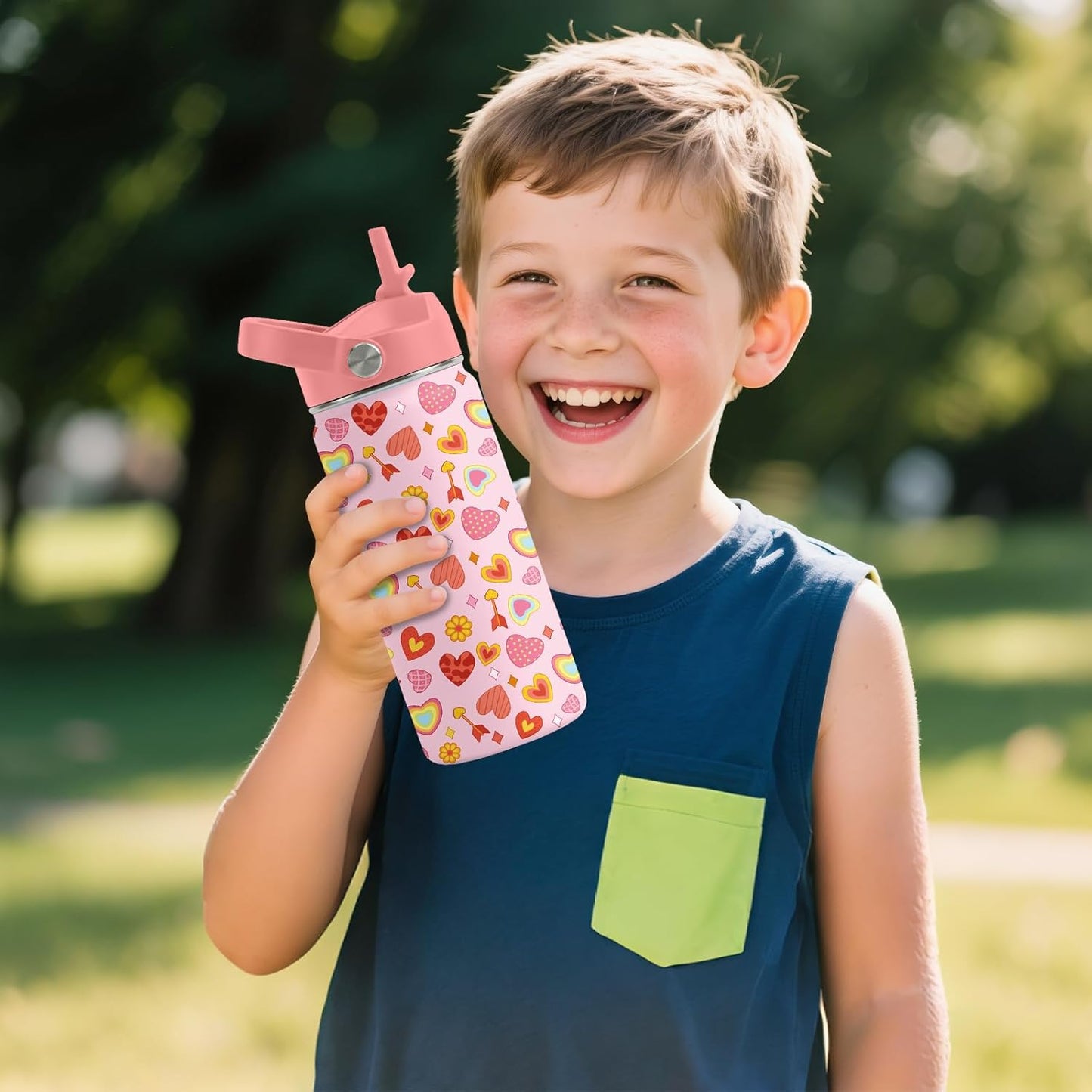 Skiennix Heart Pattern Kids Water Bottle - 16 Oz Stainless Steel Insulated Tumbler, Leak Proof, BPA-Free, Ideal for School & Travel