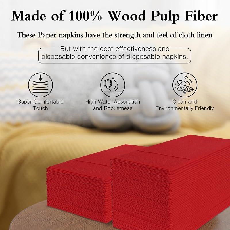 Disposable Linen-Feel Napkins with Built-In Flatware Pocket, Red 50 Count