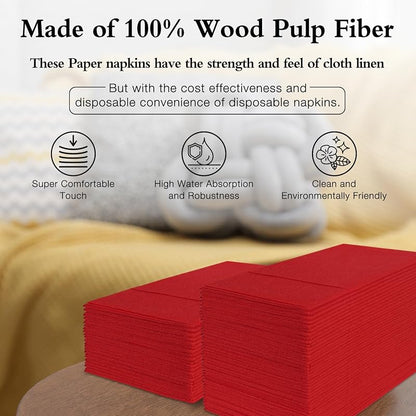 Disposable Linen-Feel Napkins with Built-In Flatware Pocket, Red 50 Count