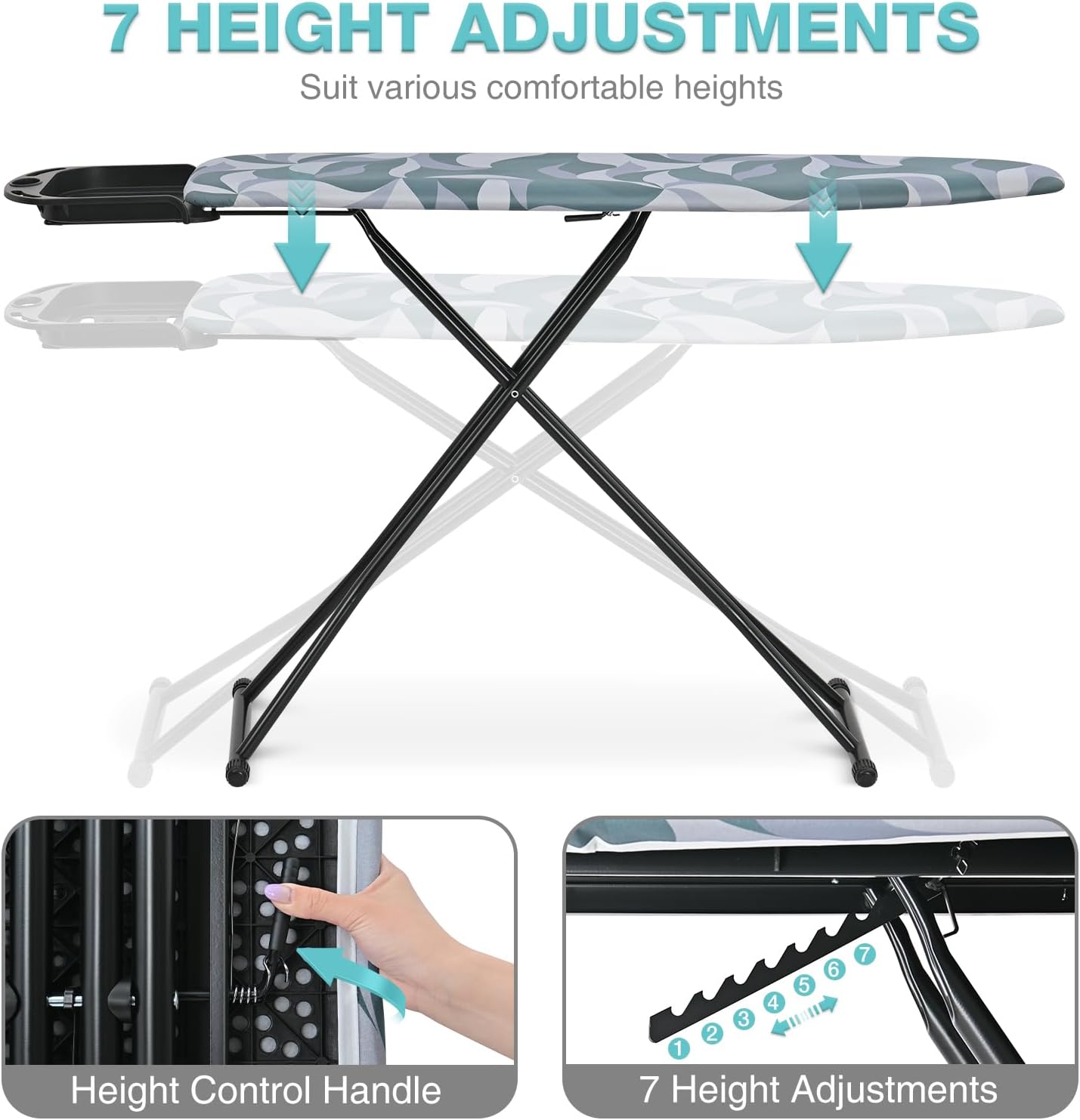 APEXCHASER Foldable Ironing Board - Full Size with Heat Resistant Cover & 7-Lever Height Adjustment | 14x54, Blue