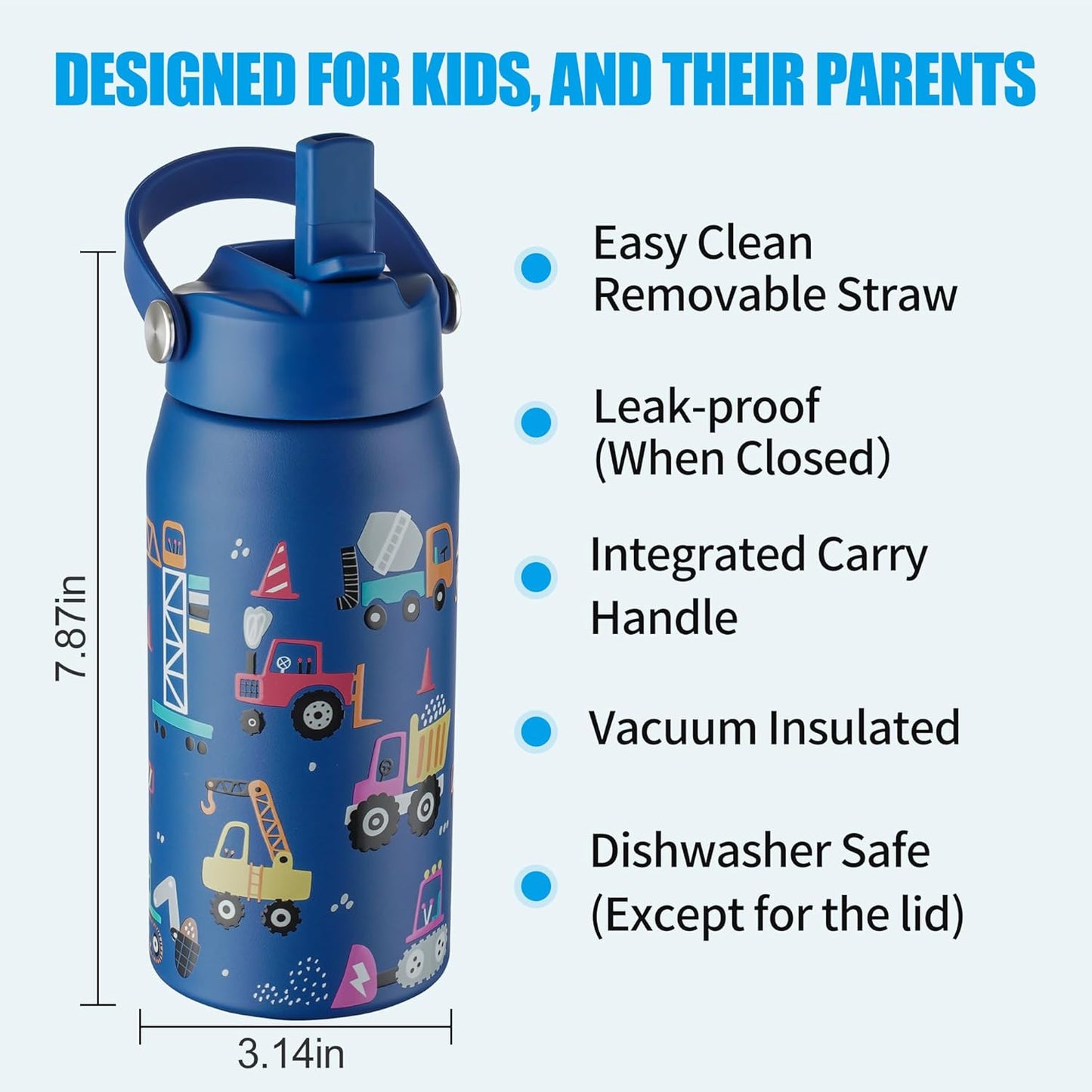 OLDLEY Kids Water Bottle - 18oz Insulated Stainless Steel | Leakproof Design with Wide Straw Lid - Blue Engineering Car