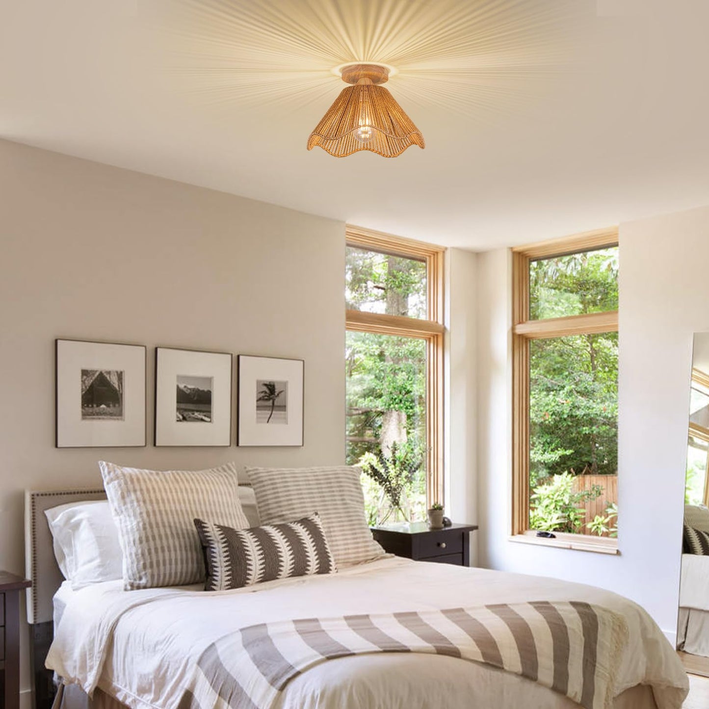 Zswanbei Boho Light Fixtures Ceiling Mount Boho Rattan Ceiling Light Flush Mount Mini Chandelier Woven Ceiling Light Fixture for Bedroom Hallway Entryway Bathroom Nursery, D32cm