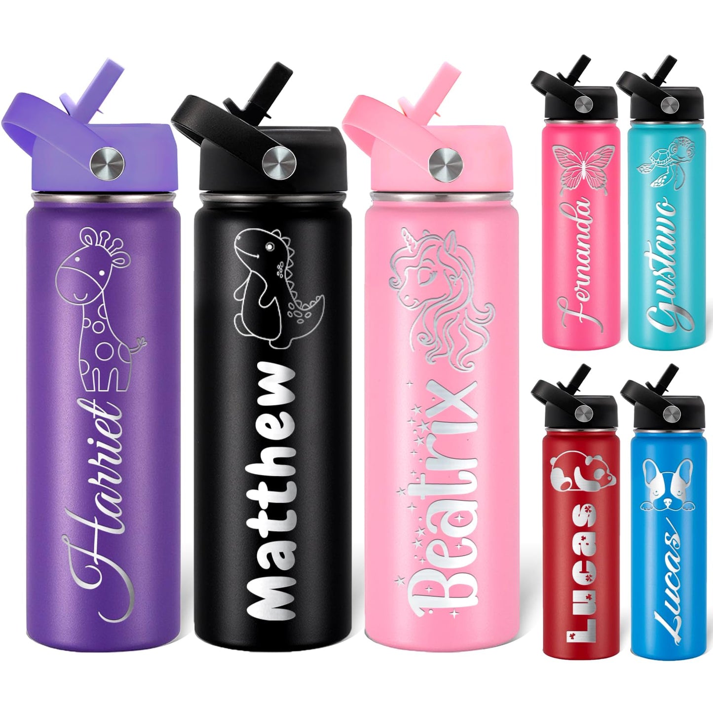 HOFMOY Custom Personalized Animals Water Bottles Cups for Kids Toddler Customizable Customized Name Water Bottles for School Customize for Girls Boys 12 16 18 oz