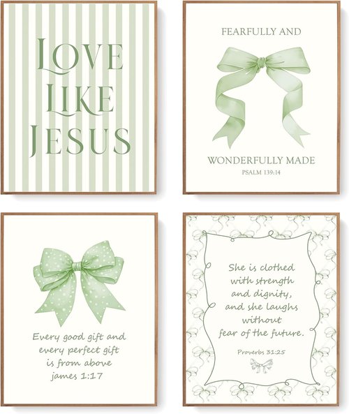 LARTSFRO Coquette Wall Art Decor - Sage Green Bow Aesthetic Prints | Inspirational Bible Verses, 8x10 Inch Set of 4 (Unframed)
