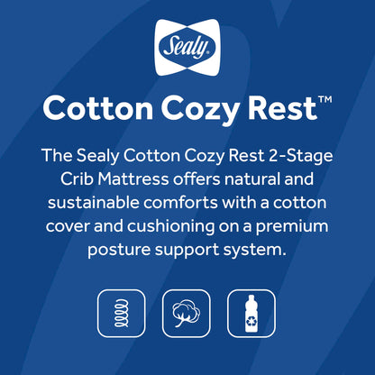 Sealy Baby Cotton Cozy Rest Breathable Cotton 2-Stage Dual Firmness Waterproof Baby Crib Mattress & Toddler Bed Mattress, 204 Premium Coils, Hypoallergenic Crib Mattress, Made in USA, 52"x28"